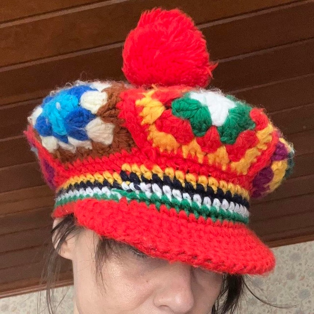 Betmar Crochet Granny Square Hat with Pom Pom – Retro Multicolor Cap